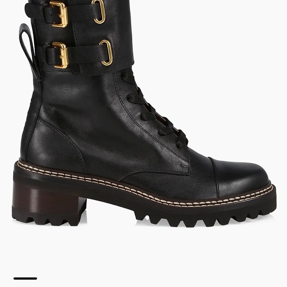 See by Chloe - Black Leather Lace-Up Combat Boots with Gold Buckles - Women 38